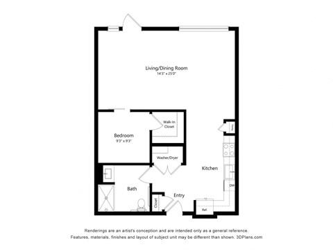 Floor plan for 1 bed, 1 bath, 886 sqft